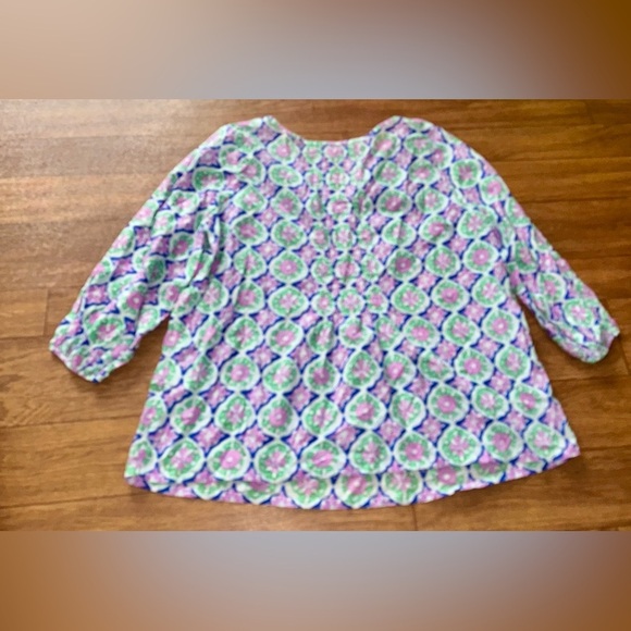 TALBOTS SPLIT NECK PIN-TUCK TOP MEDALLION Xp PLUS PETITE COTTON TUNIC 3/4 SLEEVE - Picture 2 of 8